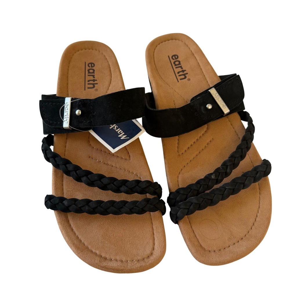 Earth Womens Black Braided Strap Slide Sandals Cushioned Footbed Comfort Shoes